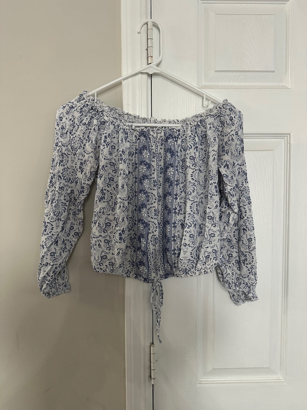 Hollister Blue and White Off-Shoulder Peasant Blouse